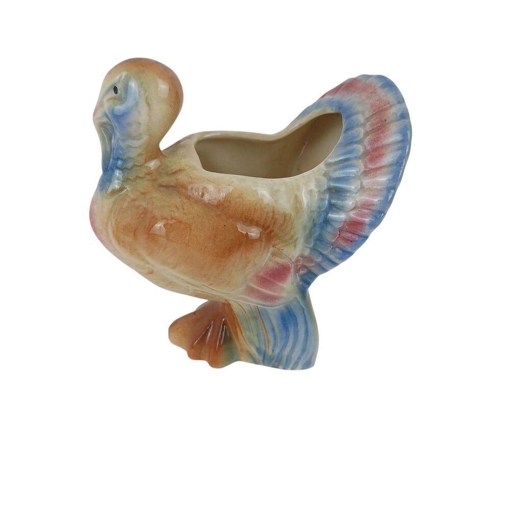 VTG Ceramic Turkey Planter Bowl Blue Pink Brown USA #562 MCM Thanksgiving